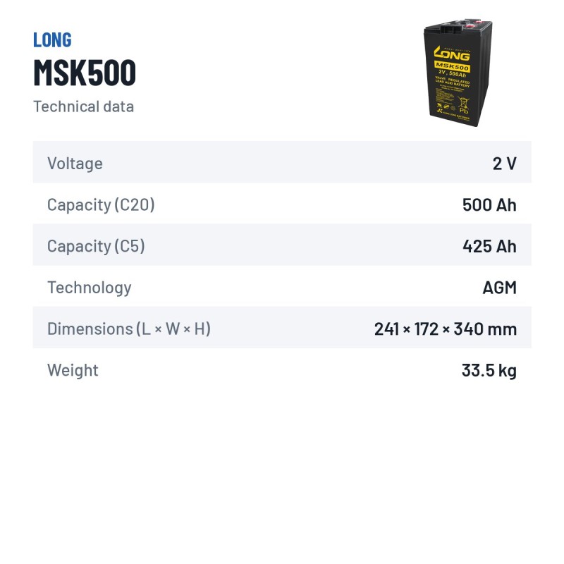 Telecom battery Long MSK500 2V 500Ah AGM – technical data