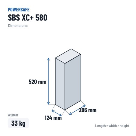 Energy storage battery Powersafe SBS XC+ 580 2V 580Ah AGM – dimensions 124 × 206 × 520 mm