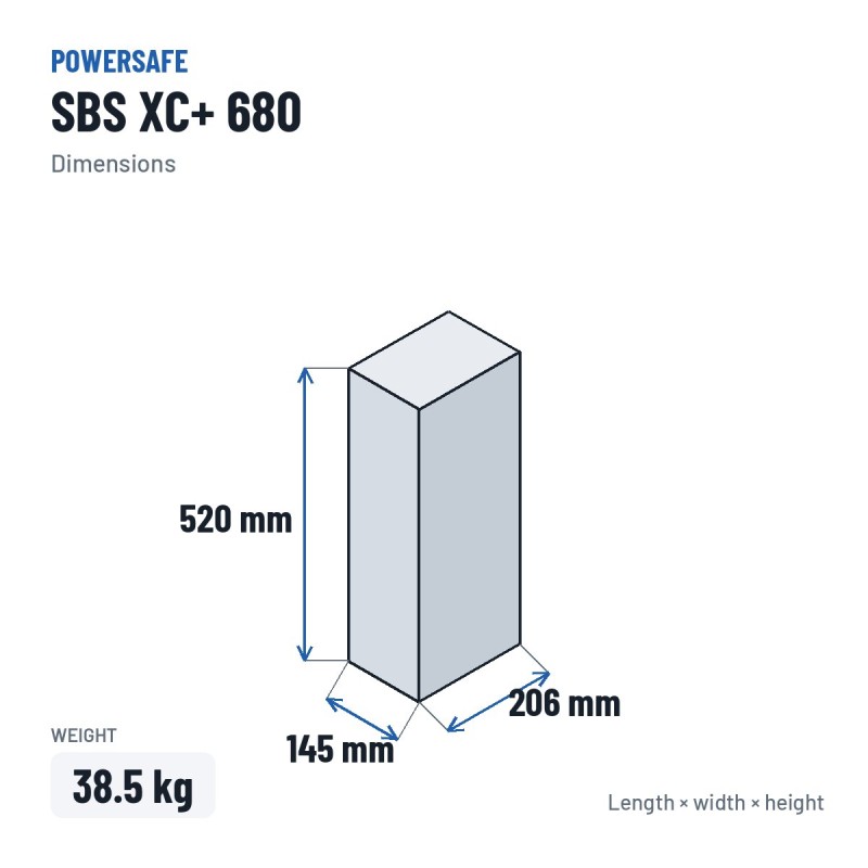 Energy storage battery Powersafe SBS XC+ 680 2V 680Ah AGM – dimensions 145 × 206 × 520 mm