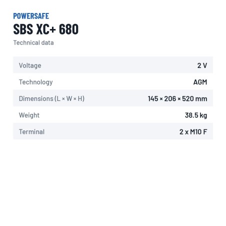 Bateria de armazenamento Powersafe SBS XC+ 680 2V 680Ah AGM – ficha técnica