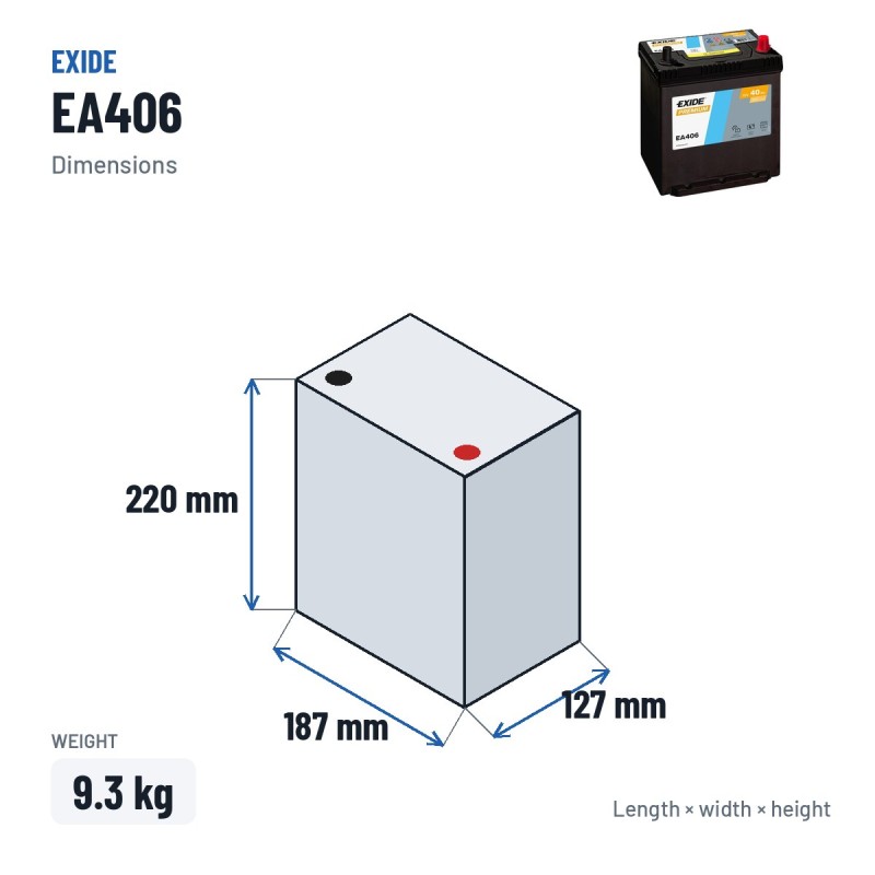 Batteria auto Exide EA406 12V 40Ah 350A – dimensioni 187 × 127 × 220 mm
