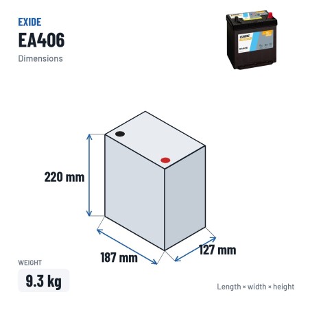 Batteria auto Exide EA406 12V 40Ah 350A – dimensioni 187 × 127 × 220 mm