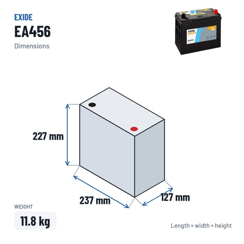 Car battery Exide EA456 12V 45Ah 390A – dimensions 237 × 127 × 227 mm