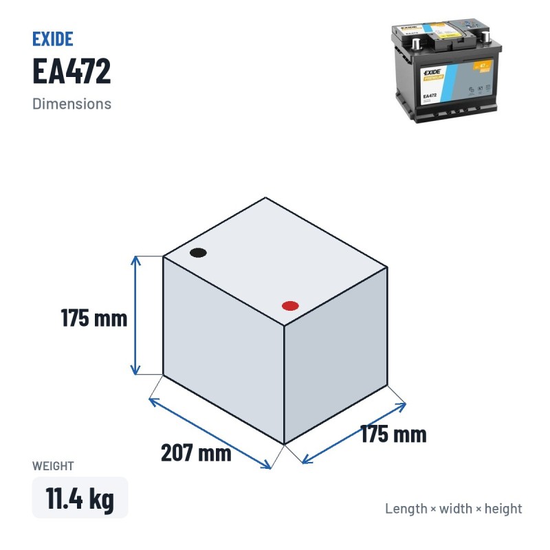Bateria de carro Exide EA472 12V 47Ah 450A – medidas 207 × 175 × 175 mm