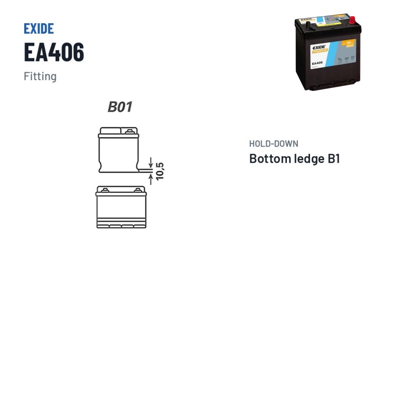 Batteria auto Exide EA406 12V 40Ah 350A – terminali e fissaggio