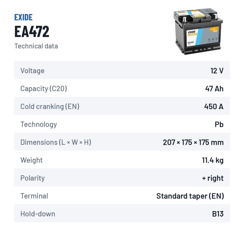 Bateria de carro Exide EA472 12V 47Ah 450A – ficha técnica