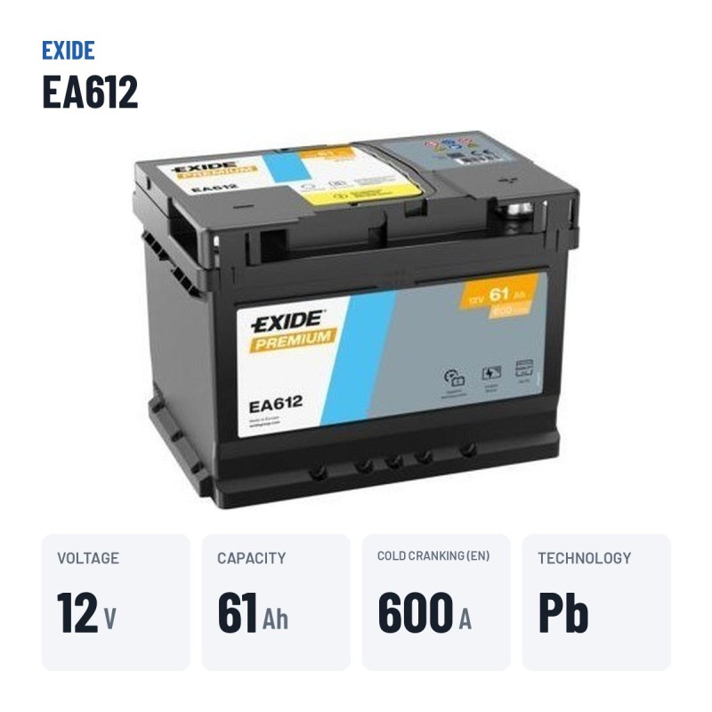 Batterie voiture Exide EA612 12V 61Ah 600A – caractéristiques clés