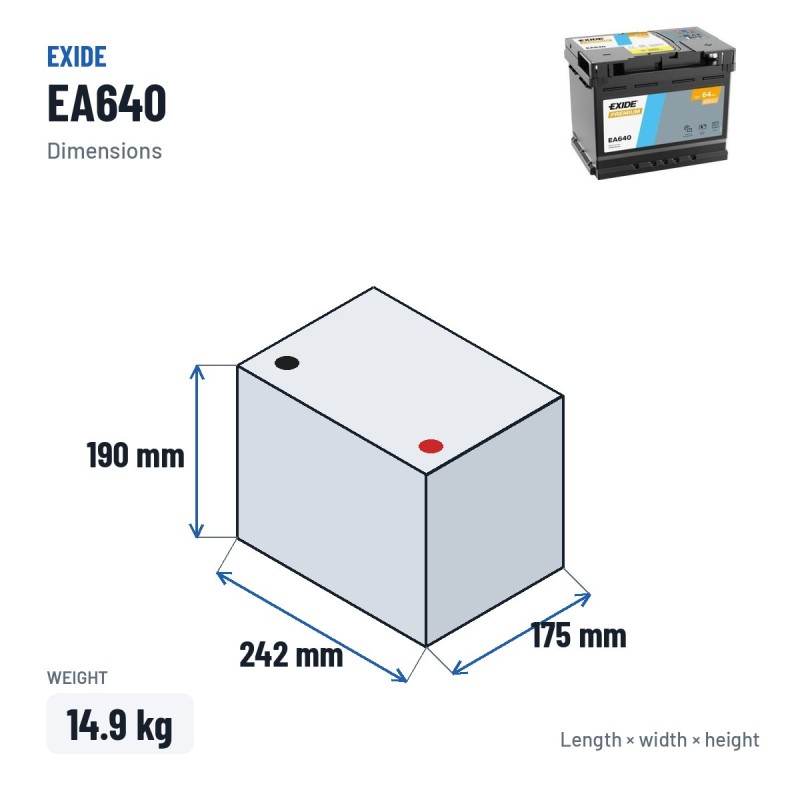 Batteria auto Exide EA640 12V 64Ah 640A – dimensioni 242 × 175 × 190 mm
