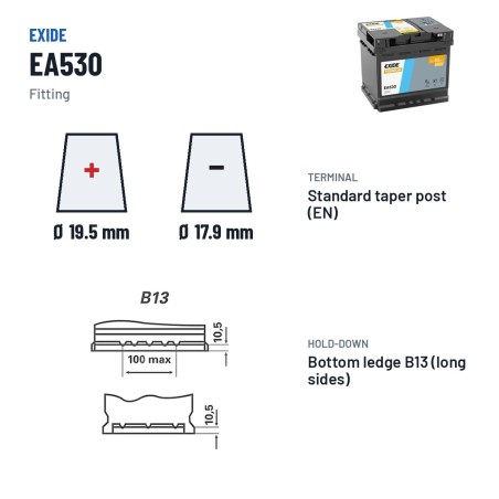 Bateria de carro Exide EA530 12V 53Ah 540A | baterias.com