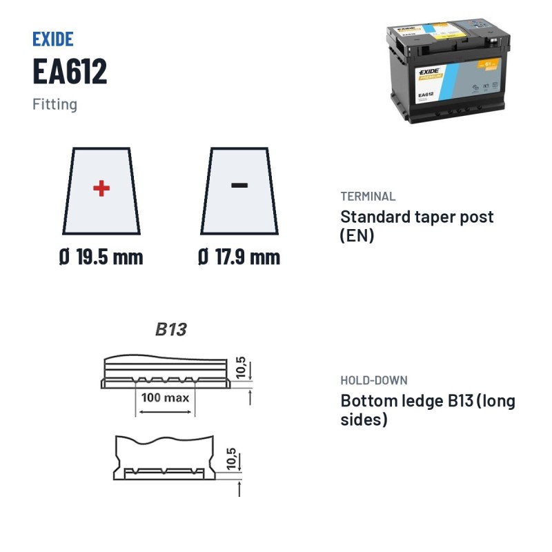 Batterie voiture Exide EA612 12V 61Ah 600A – bornes et fixation