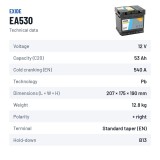 Batterie voiture Exide EA530 12V 53Ah 540A – fiche technique