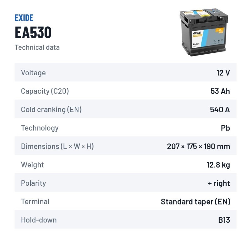 Bateria de carro Exide EA530 12V 53Ah 540A | baterias.com