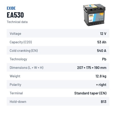 Bateria de carro Exide EA530 12V 53Ah 540A | baterias.com