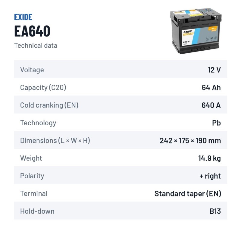Bateria de carro Exide EA640 12V 64Ah 640A – ficha técnica