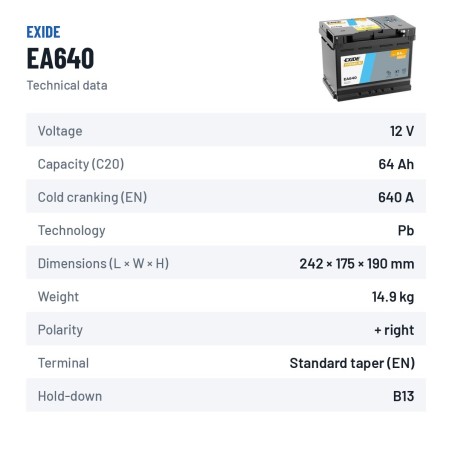 Batteria auto Exide EA640 12V 64Ah 640A – scheda tecnica