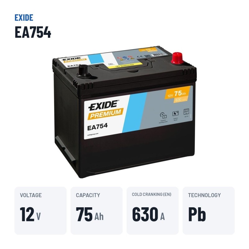 Bateria de carro Exide EA754 12V 75Ah 630A – dados principais