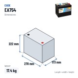 Autobatterie Exide EA754 12V 75Ah 630A – Abmessungen 270 × 173 × 222 mm