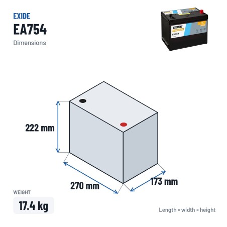 Bateria de carro Exide EA754 12V 75Ah 630A – medidas 270 × 173 × 222 mm