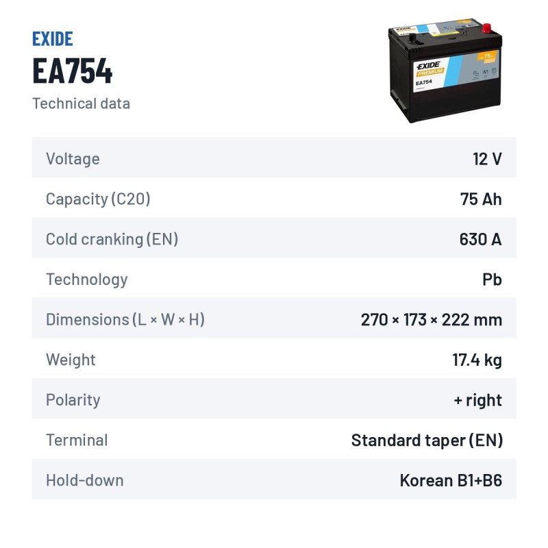 Batteria auto Exide EA754 12V 75Ah 630A – scheda tecnica
