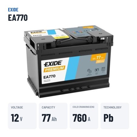 Bateria de carro Exide EA770 12V 77Ah 760A – dados principais