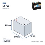 Batería de coche Exide EA755 12V 75Ah 630A – medidas 270 × 173 × 222 mm