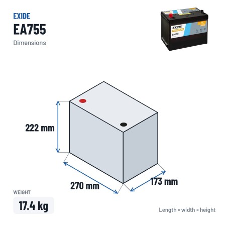 Autobatterie Exide EA755 12V 75Ah 630A | baterias.com