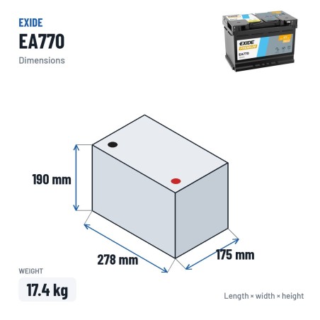 Bateria de carro Exide EA770 12V 77Ah 760A – medidas 278 × 175 × 190 mm
