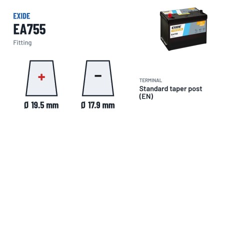 Batería de coche Exide EA755 12V 75Ah 630A – borne y sujeción
