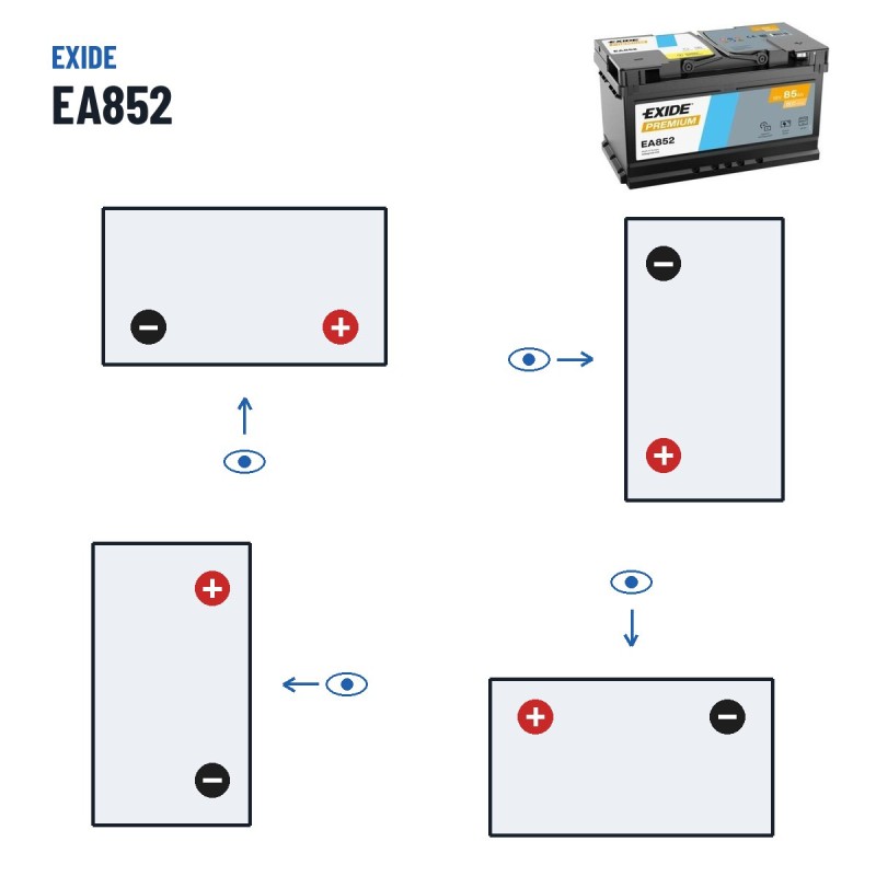 Batterie voiture Exide EA852 12V 85Ah 800A – polarité (schéma 0, + à droite)