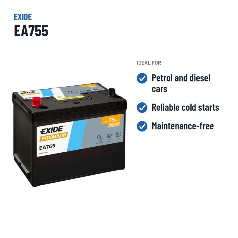 Batería de coche Exide EA755 12V 75Ah 630A – usos recomendados