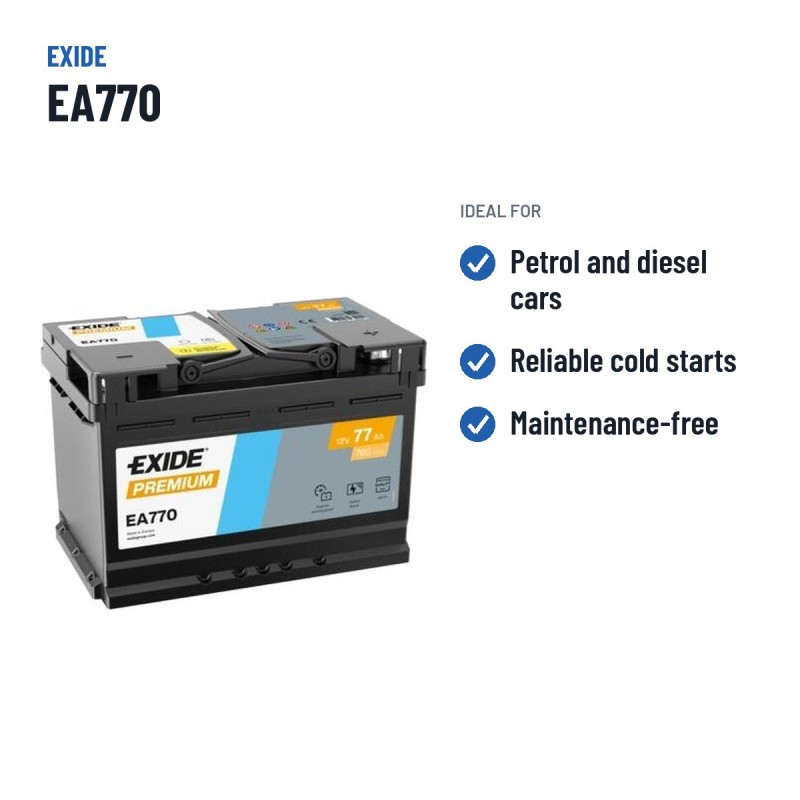 Car battery Exide EA770 12V 77Ah 760A – recommended uses