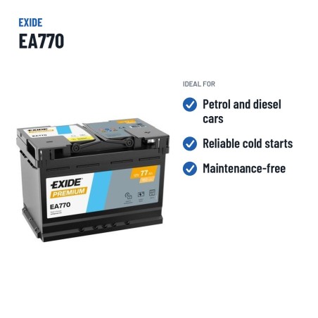 Bateria de carro Exide EA770 12V 77Ah 760A – utilizações recomendadas