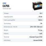 Autobatterie Exide EA755 12V 75Ah 630A | baterias.com