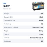 Batteria auto Exide EA852 12V 85Ah 800A – scheda tecnica