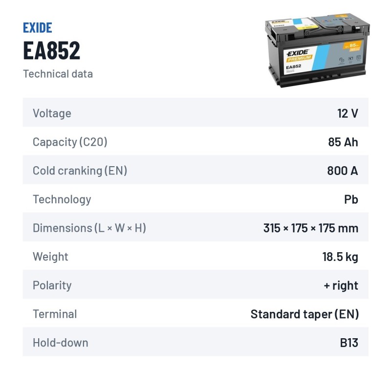 Batterie voiture Exide EA852 12V 85Ah 800A – fiche technique