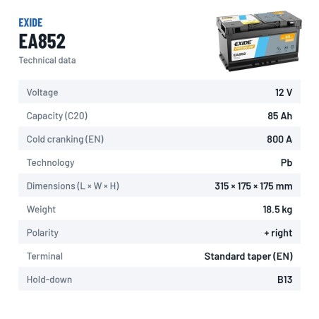Batteria auto Exide EA852 12V 85Ah 800A – scheda tecnica