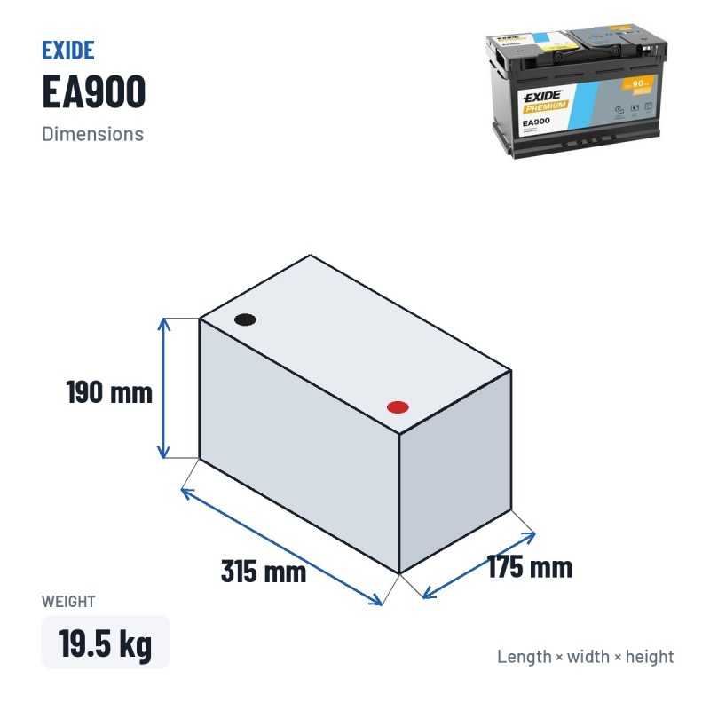 Batería de coche Exide EA900 12V 90Ah 720A – medidas 315 × 175 × 190 mm