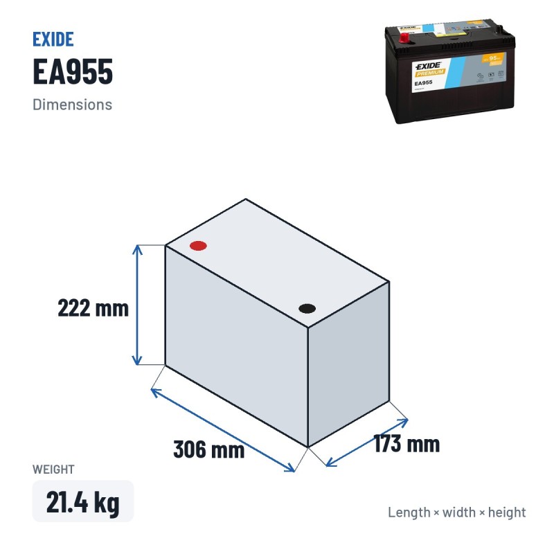 Batteria auto Exide EA955 12V 95Ah 800A – dimensioni 306 × 173 × 222 mm