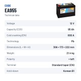 Bateria de carro Exide EA955 12V 95Ah 800A – ficha técnica