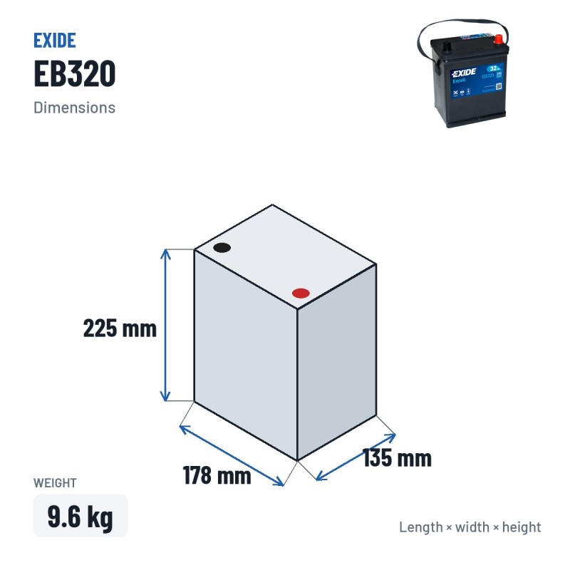Batería de coche Exide EB320 12V 32Ah 270A – medidas 178 × 135 × 225 mm