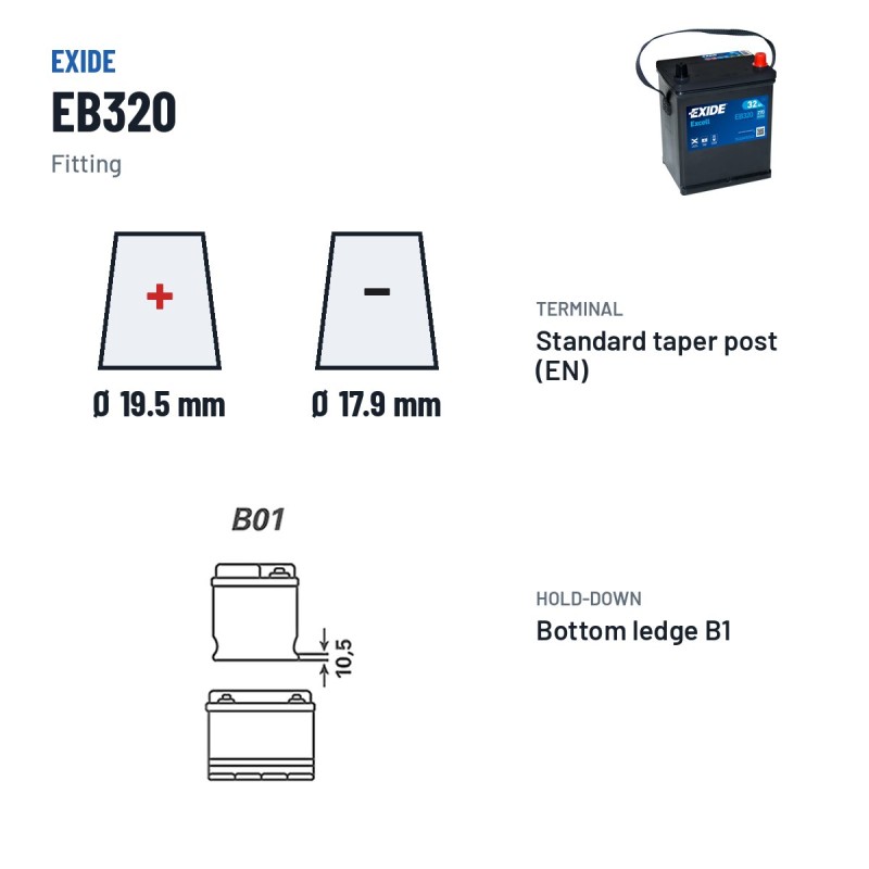 Batería de coche Exide EB320 12V 32Ah 270A – borne y sujeción