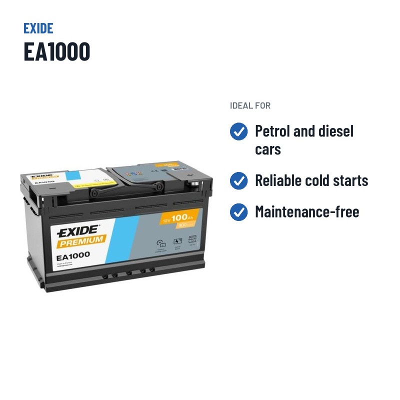 Batterie voiture Exide EA1000 12V 100Ah 900A | baterias.com