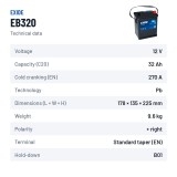 Batería de coche Exide EB320 12V 32Ah 270A – ficha técnica