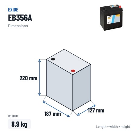 Autobatterie Exide EB356A 12V 35Ah 240A – Abmessungen 187 × 127 × 220 mm