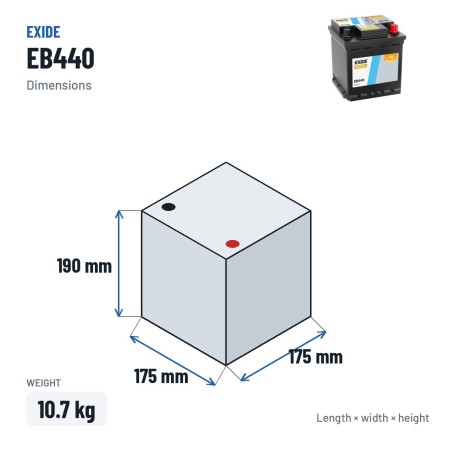 Batería de coche Exide EB440 12V 44Ah 400A – medidas 175 × 175 × 190 mm