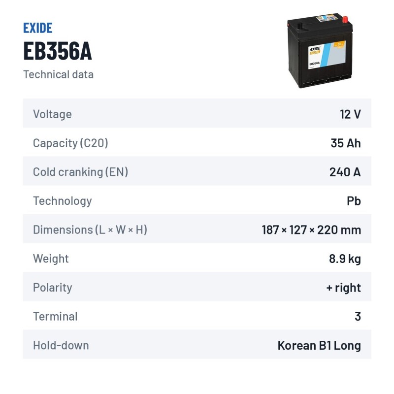 Batería de coche Exide EB356A 12V 35Ah 240A – ficha técnica