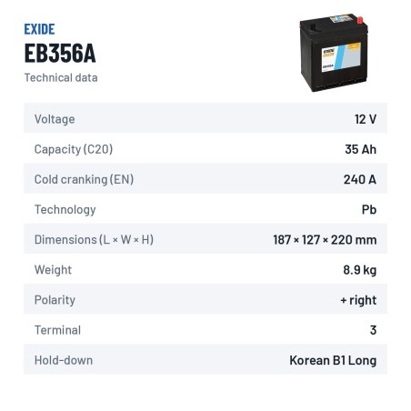 Batteria auto Exide EB356A 12V 35Ah 240A – scheda tecnica