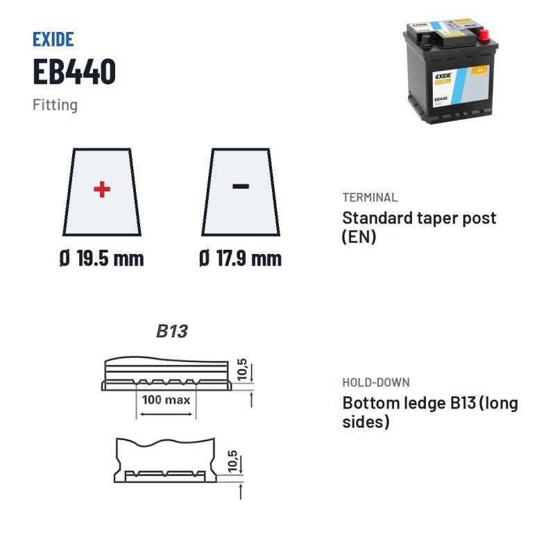 Batería de coche Exide EB440 12V 44Ah 400A – borne y sujeción