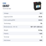 Batería de coche Exide EB357 12V 35Ah 240A – ficha técnica