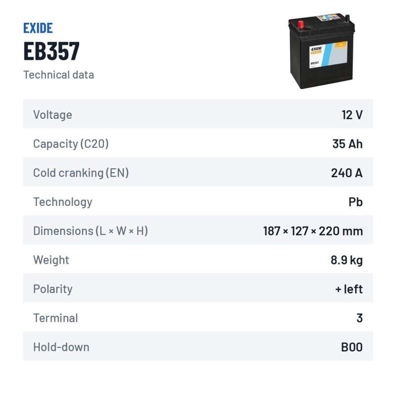 Batteria auto Exide EB357 12V 35Ah 240A – scheda tecnica